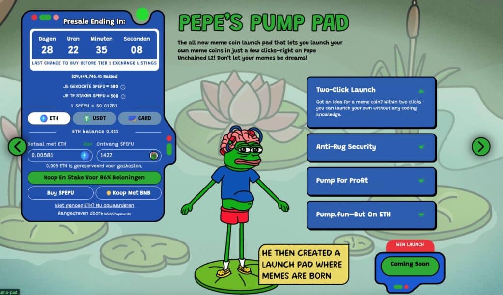 Pepe Unchained ($PEPU) Pepe Pump Pad - Bron: www.pepeunchained.com