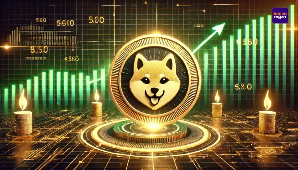 Afbeelding van Shiba Inu cryptocurrency met gouden munt, stijgende grafieklijnen en brandende tokens, passend bij prijsanalyse.