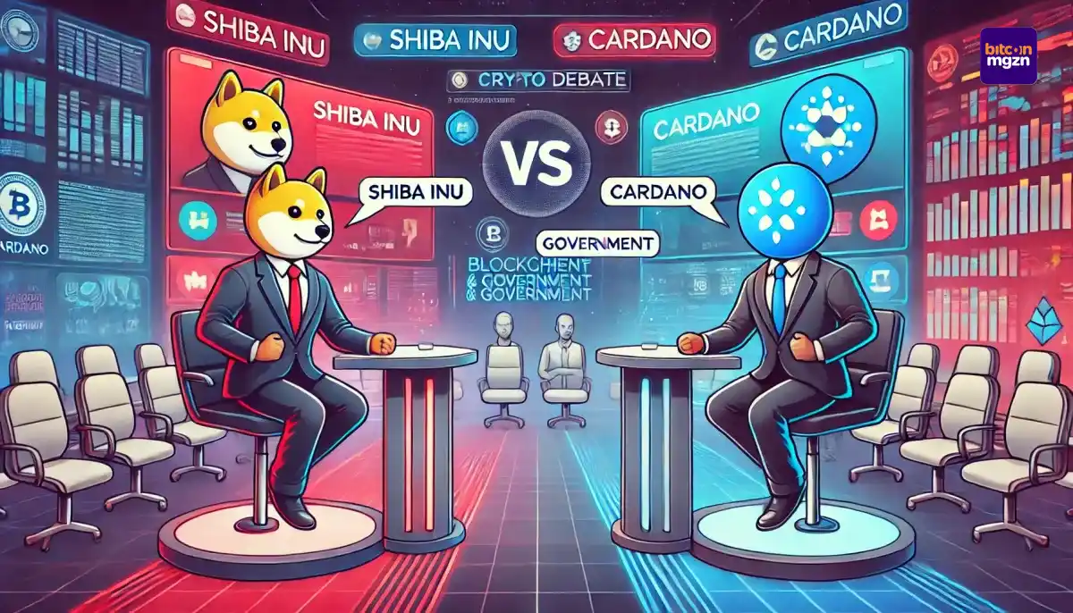 Illustratie van Shiba Inu en Cardano avatars in een debat op sociale media, symboliserend een botsing over Amerikaans crypto-beleid en blockchain-innovatie.