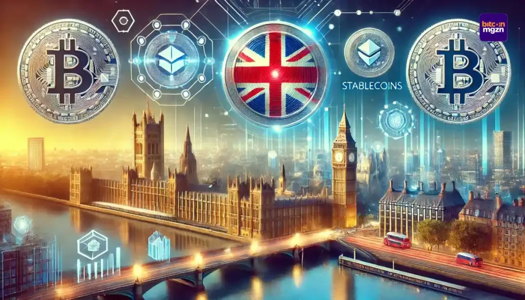 Afbeelding van het financiële landschap van het Verenigd Koninkrijk met Big Ben, digitale munten en blockchain-technologie, gericht op nieuwe crypto-regels.