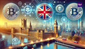 Afbeelding van het financiële landschap van het Verenigd Koninkrijk met Big Ben, digitale munten en blockchain-technologie, gericht op nieuwe crypto-regels.