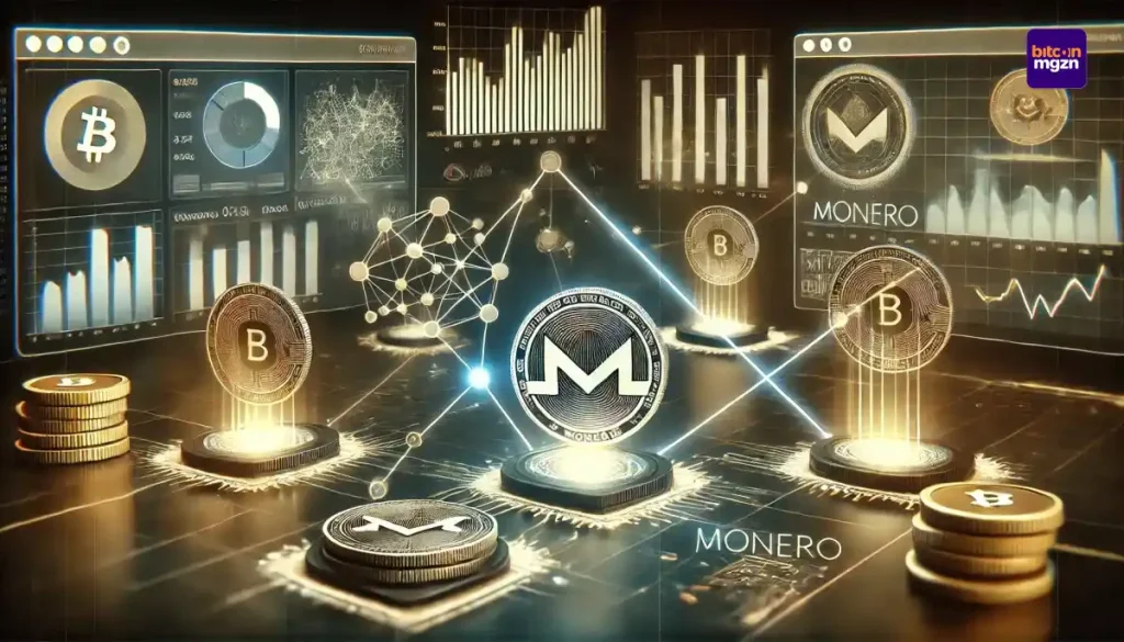 Conceptuele afbeelding van blockchain tracking, met Monero en andere cryptomunten, en analytische tools die monitoring symboliseren