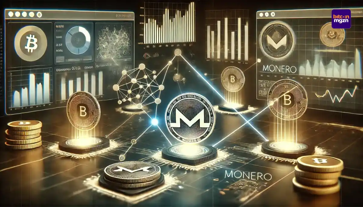 Conceptuele afbeelding van blockchain tracking, met Monero en andere cryptomunten, en analytische tools die monitoring symboliseren