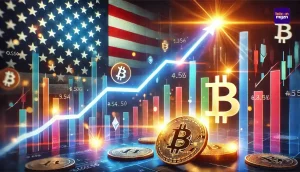 Illustratie van een stijgende marktgrafiek en Bitcoin-symbolen, met subtiele Amerikaanse vlagdetails, die financiële groei en invloed benadrukken.