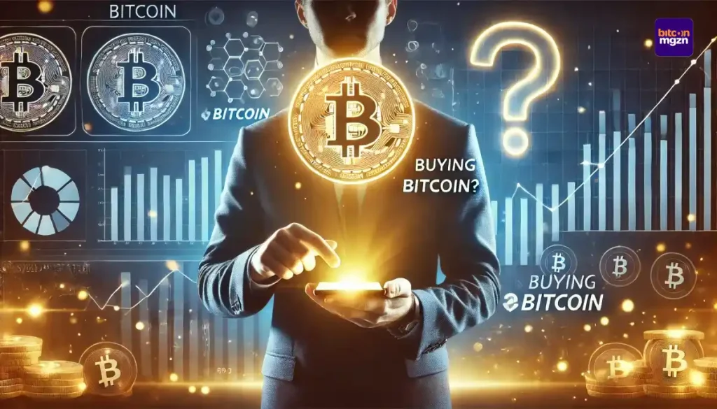 Een persoon die Bitcoin koopt via een smartphone, omringd door een zwevend vraagteken en digitale financiële symbolen.