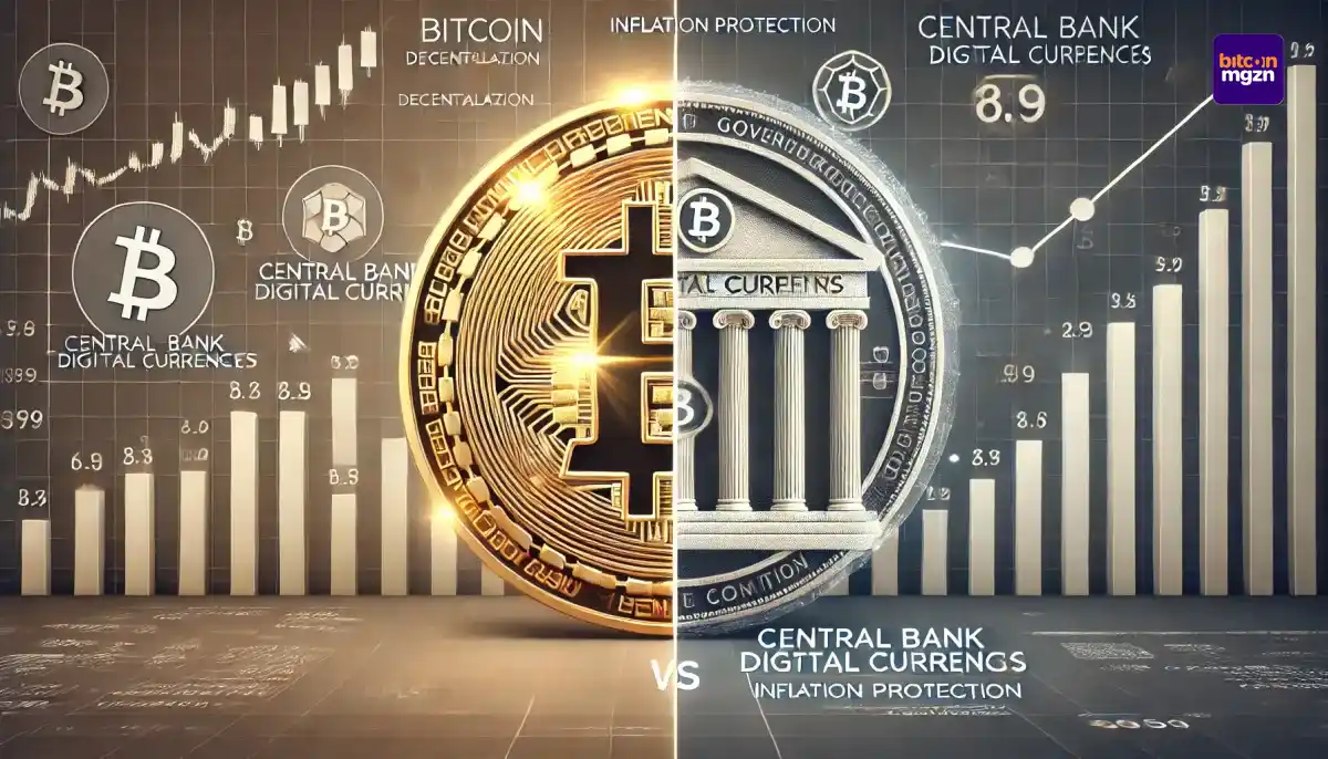 Afbeelding die Bitcoin en CBDC's naast elkaar toont; links Bitcoin als gedecentraliseerde waardeopslag met fluctuaties, rechts CBDC's als stabiel overheidsgesteund digitaal geld