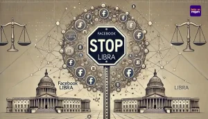 Afbeelding van een blockchain met een stopbord met de tekst 'Facebook Libra', omringd door politieke symbolen die het project blokkeren