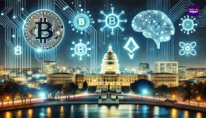 Futuristische skyline met cryptosymbolen en AI, verwijzend naar de benoeming van David Sacks als crypto czar in de VS.