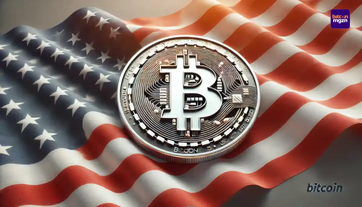 Een illustratie van de Amerikaanse vlag met een grote Bitcoin in het midden, symbool voor de integratie van digitale activa in de Amerikaanse economie.