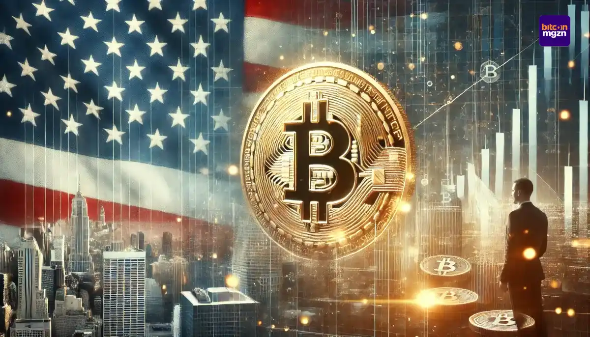 Conceptuele afbeelding van een grote gouden Bitcoin met een Amerikaanse vlag en een moderne financiële skyline op de achtergrond.