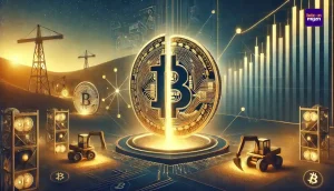 Digitale illustratie van de Bitcoin halving 2024 met een gesplitst Bitcoin-logo, werkende mining rigs op de achtergrond, en een financiële grafiek die marktimpact weergeeft in een gouden en donkerblauwe kleurenschema.