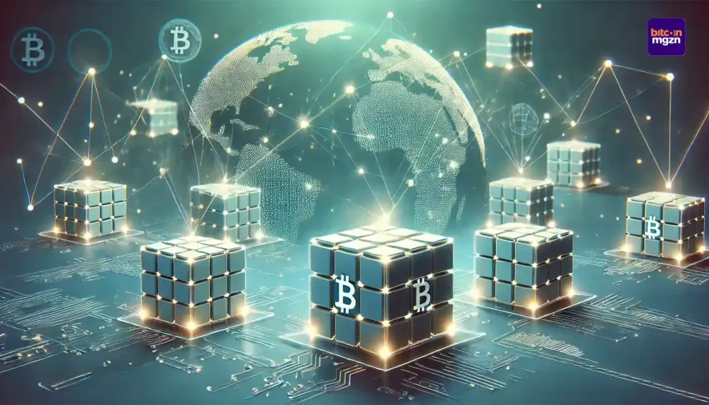 Illustratie van blockchain-technologie met digitale blokken, gloeiende lijnen voor dataverkeer en een achtergrond in blauw en groen die wereldwijde connectiviteit symboliseert.