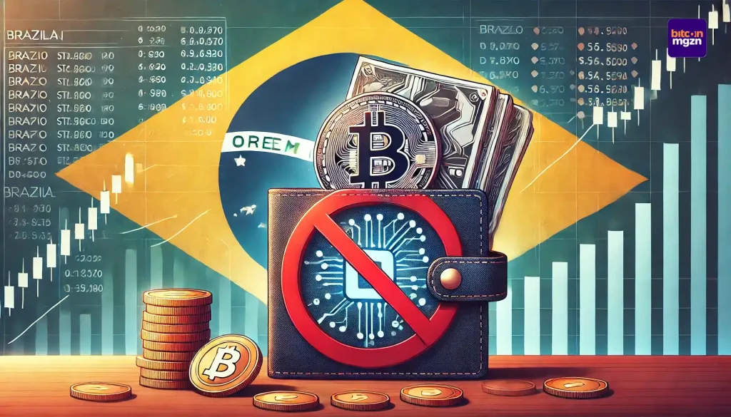 Beeld van een crypto-wallet met een verbodsbord, verwijzend naar de nieuwe regelgeving van de Braziliaanse centrale bank.