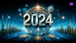 Een overzicht van het crypto jaar 2024 met futuristische digitale elementen, blockchain patronen en het jaar 2024 prominent in beeld