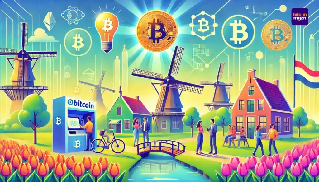 cryptocurrency-groei in Nederland met Bitcoin-logo’s, een crypto-ATM, windmolens en tulpenvelden, die technologie en Nederlandse cultuur combineren.