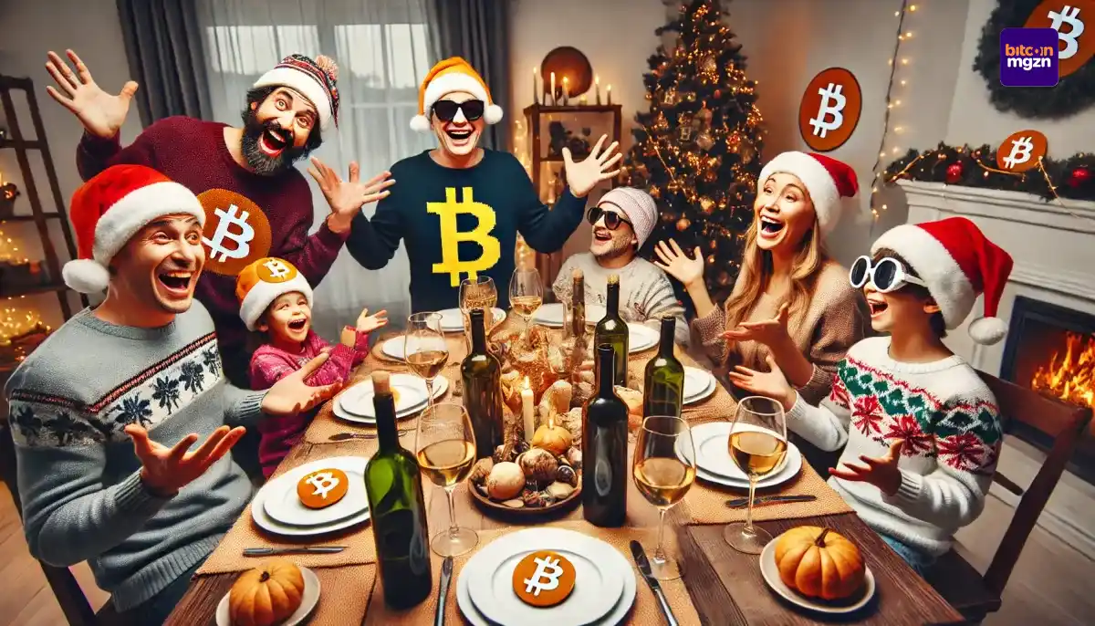 Een vrolijk kerstdiner met een diverse familie rond de tafel, inclusief een persoon met een Bitcoin-muts en drie flessen wijn, in een humoristische en feestelijke sfeer.