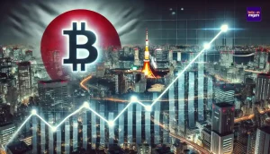 Een financiële grafiek met stijgende lijn, een Bitcoin-symbool en de Japanse vlag, tegen de achtergrond van een verlichte Tokyo-stad.