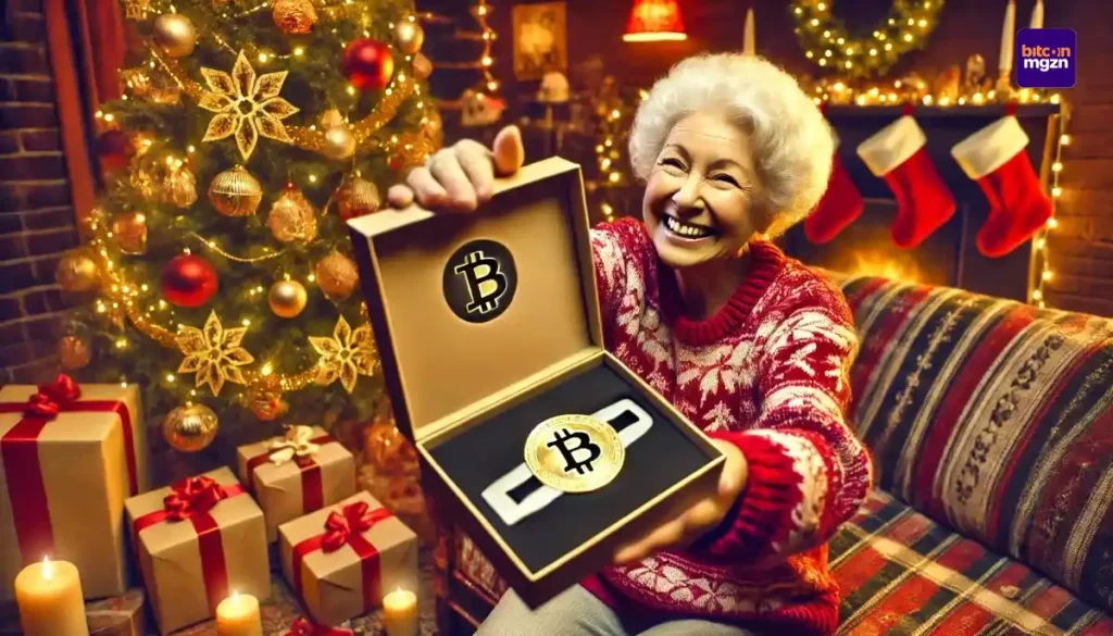 Een oma die een hardware wallet cadeau geeft tijdens kerst, met een feestelijke achtergrond van een kerstboom, sfeervolle decoratie en warme verlichting.