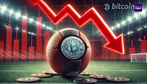 Voetbal met bitcoin-logo in een stadion, op de achtergrond een rode grafiek die een scherpe daling toont en financieel verlies symboliseert.