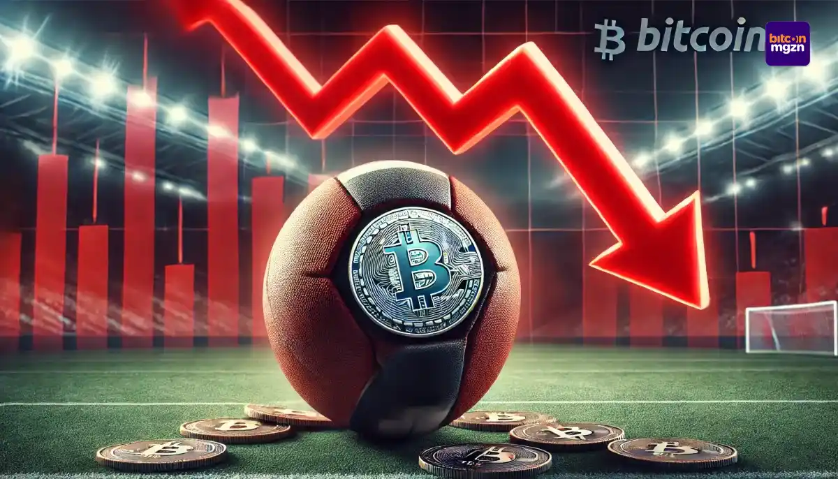 Voetbal met bitcoin-logo in een stadion, op de achtergrond een rode grafiek die een scherpe daling toont en financieel verlies symboliseert.