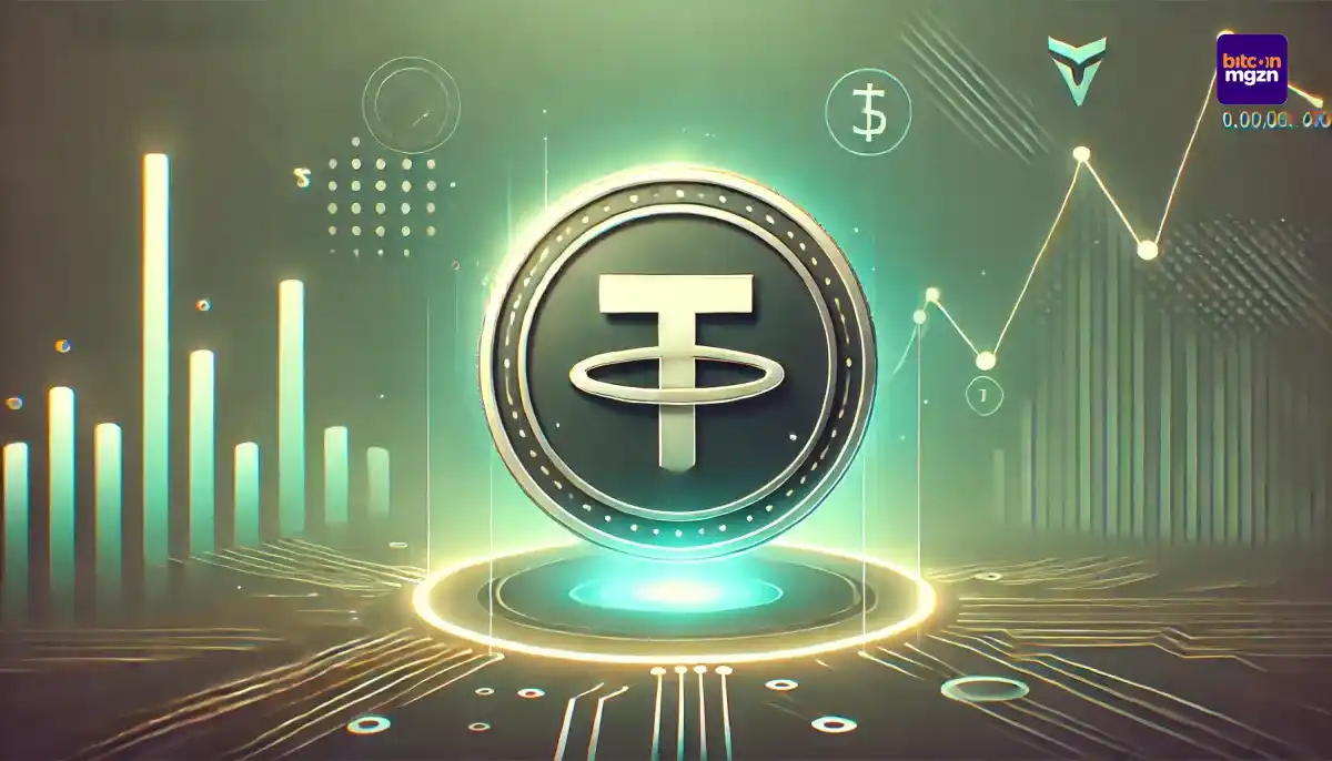 Het Tether-logo in het midden met een groene achtergrond, symboliserend stabiliteit en liquiditeit in de cryptomarkt.