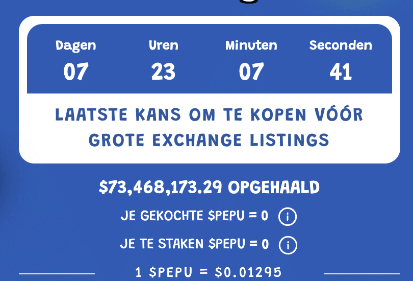 Pepe Unchained $PEPU token vaste presale prijs is $0.01295 - Bron: www.pepeunchained.com