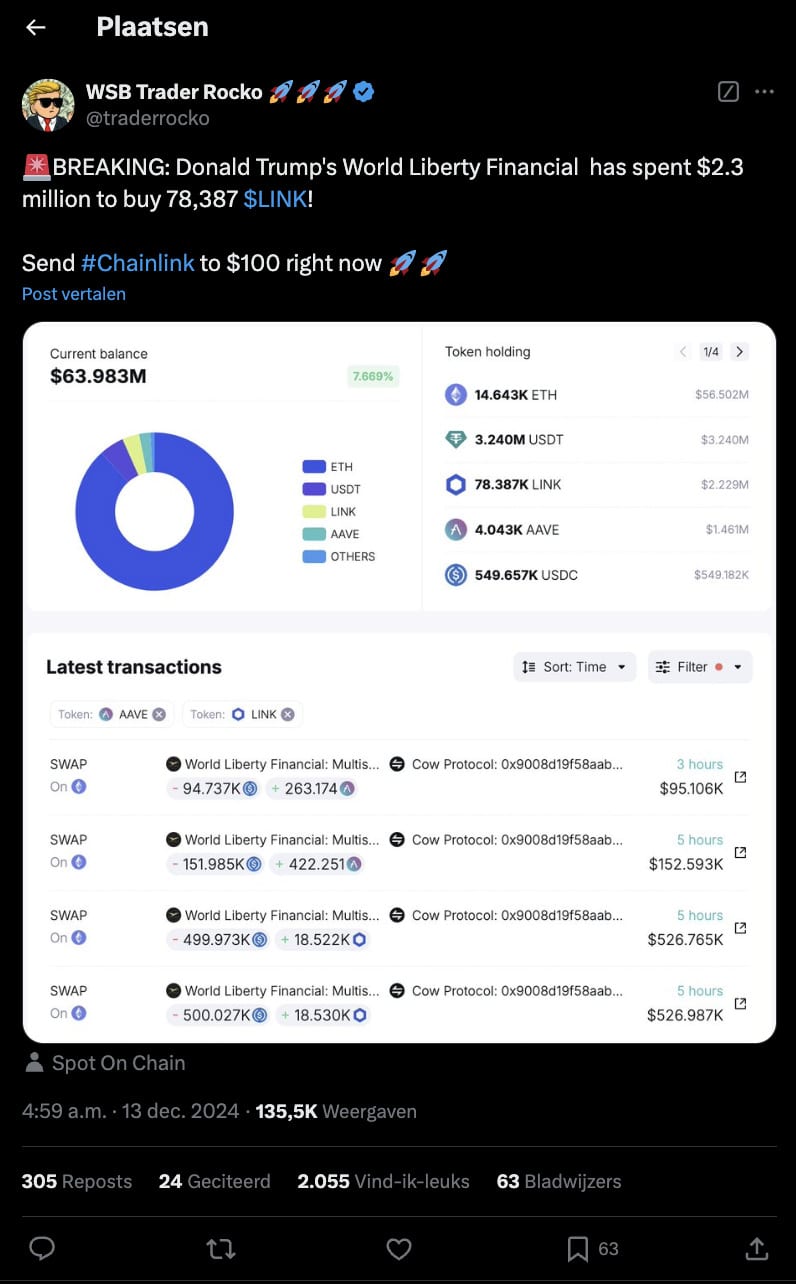 Trumps World Liberty Financial koop $LINK - Bron: X