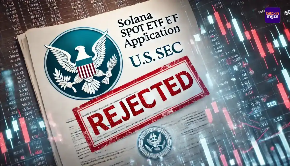 afbeelding van een afgewezen Solana spot ETF-aanvraag door de SEC met de logo's van Solana en de SEC, tegen een achtergrond van een beursgrafiek.