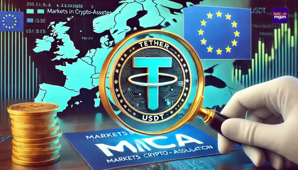 Visualisatie van Tether-logo en MiCA-verordening in Europa, met focus op regelgeving en crypto-impact