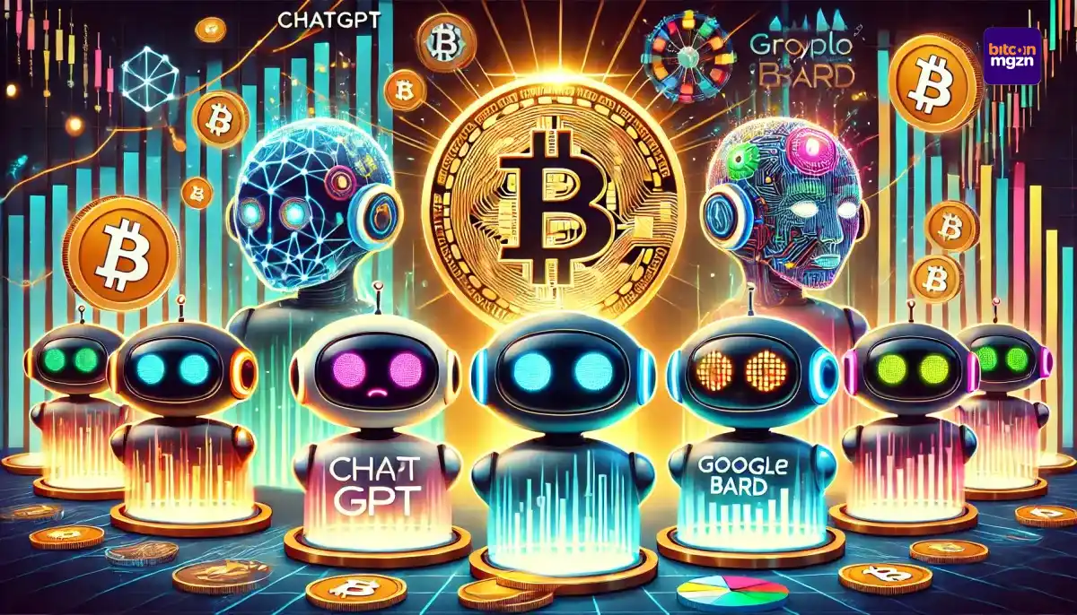 Illustratie van diverse unieke AI-bots die Bitcoin-prijstrends analyseren, met een centraal Bitcoin-logo en dynamische financiële grafieken in een futuristische stijl.