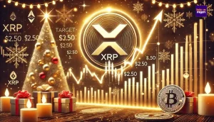 Grafiek van XRP koersstijging met markeringen bij $2,50 en een doel van $3, met blockchain-elementen en een feestelijk kerstthema op de achtergrond.