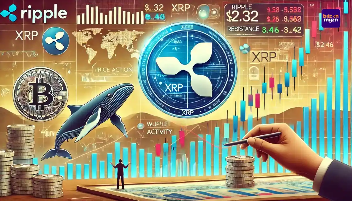 Grafiek met XRP koersdaling, whale-accumulatie en belangrijke steun- en weerstandsniveaus.