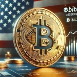 grafiek met bitcoin logo en Amerikaanse vlag op de achtergrond, symbool van bitcoin als mogelijke reservemunt in de Verenigde Staten.