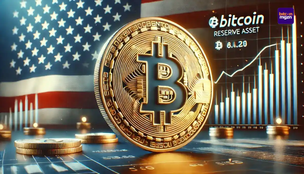 grafiek met bitcoin logo en Amerikaanse vlag op de achtergrond, symbool van bitcoin als mogelijke reservemunt in de Verenigde Staten.