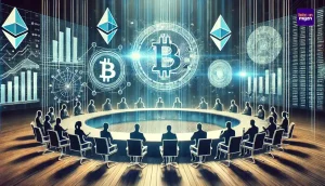 Futuristische crypto council met hologrammen van blockchainnetwerken en cryptosymbolen in een formele setting