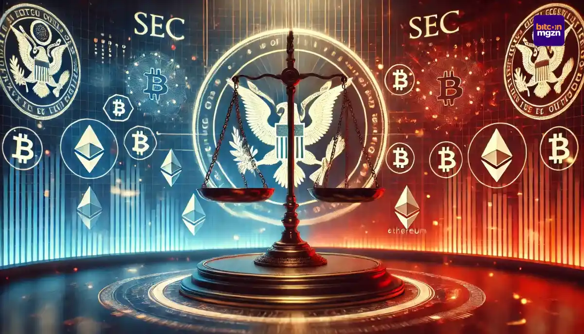 Afbeelding van een gelaagde weegschaal met het logo van de SEC, crypto-symbolen zoals Bitcoin en Ethereum, en een politieke achtergrond die een botsing tussen visies symboliseert.