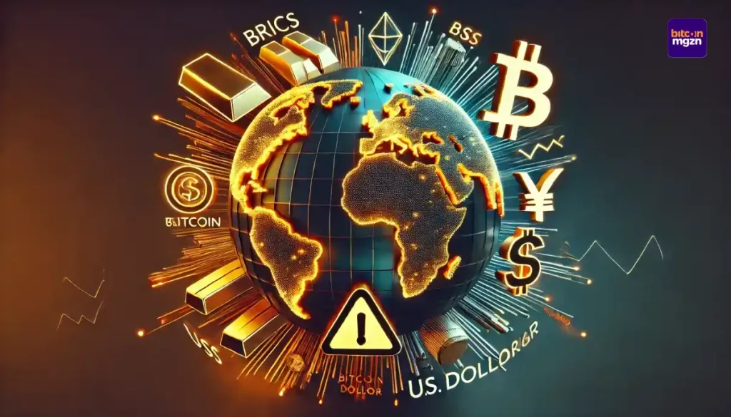 Abstracte afbeelding met een globe, goudstaven, Bitcoin-symbolen en een vervagend dollarteken, die economische spanningen en handel benadrukken.