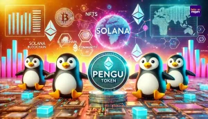 Een illustratie van het Pengu token met Pudgy Penguins visuals, weergegeven op een Solana blockchain achtergrond.