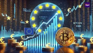 grafiek met euro-stablecoin volumes en Bitcoin koersgroei, november 2024