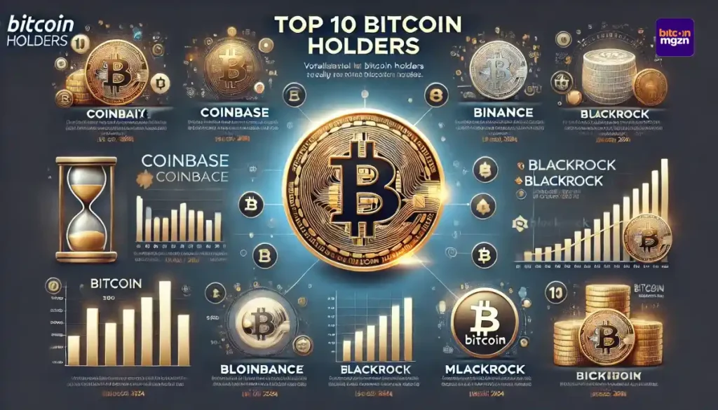 infographic met de top 10 bitcoinhouders en hun aandeel in de totale bitcoin supply, inclusief entiteiten zoals Coinbase, Binance en BlackRock, december 2024.