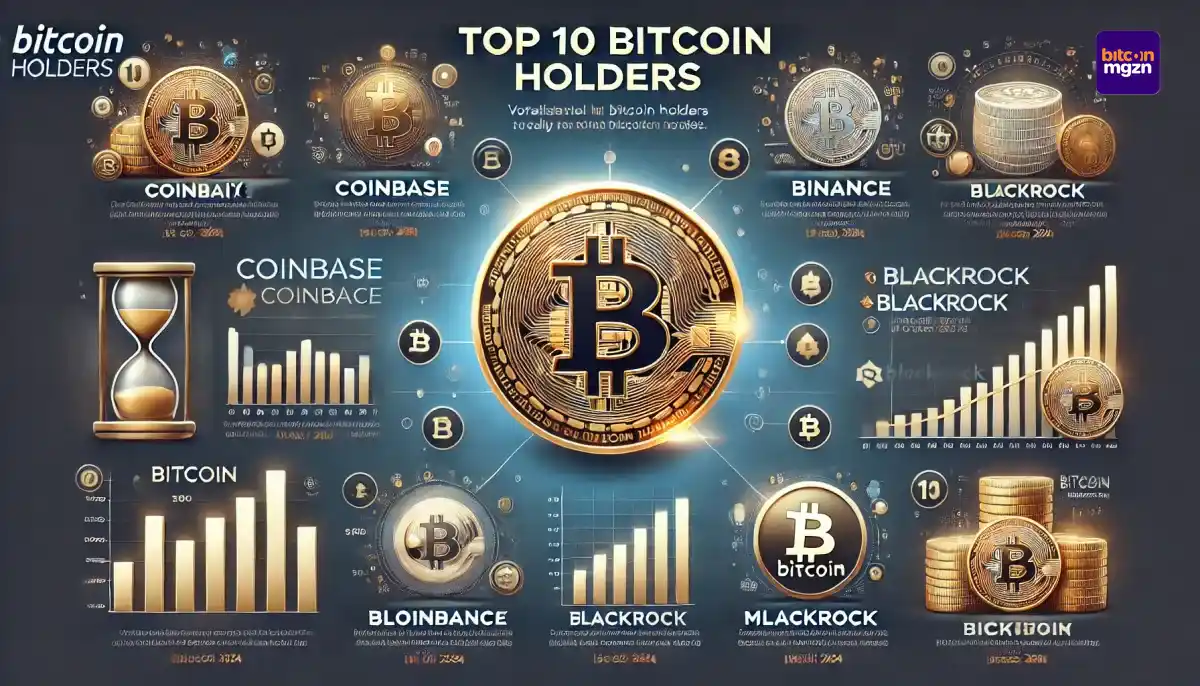 infographic met de top 10 bitcoinhouders en hun aandeel in de totale bitcoin supply, inclusief entiteiten zoals Coinbase, Binance en BlackRock, december 2024.