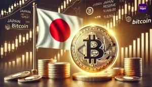 Japanse vlag naast Bitcoin-munt symbool met focus op stabiliteit en traditionele reserves.