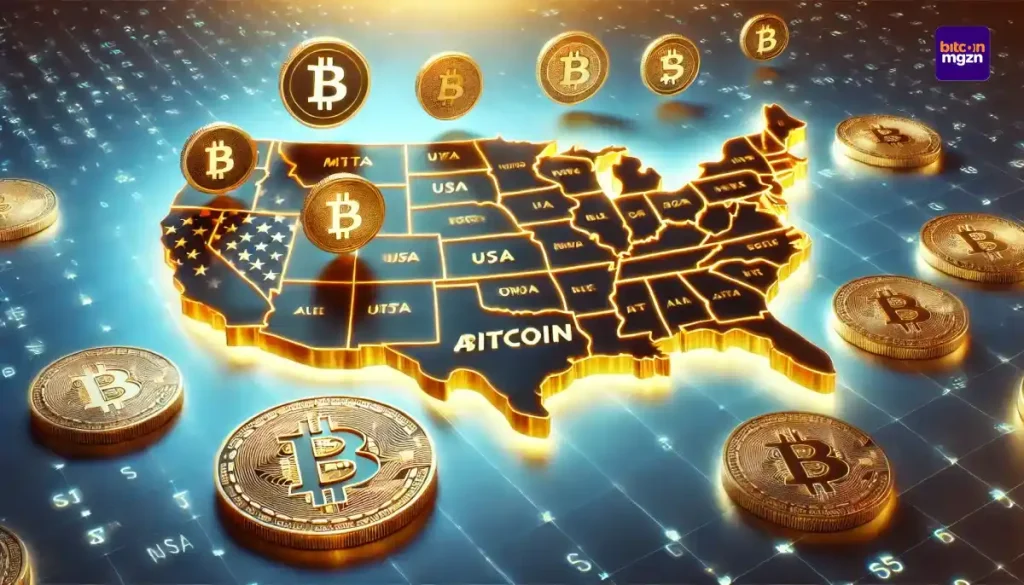 Illustratie van een kaart van de Verenigde Staten met Bitcoin-symbolen op verschillende staten, met een digitale Bitcoin-munt op de voorgrond.