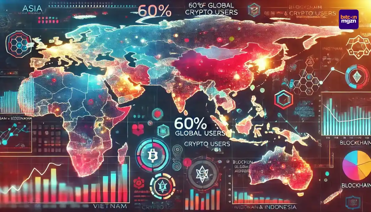 Een wereldkaart met Azië in focus, benadrukt als regio met 60% van alle crypto-gebruikers volgens de 2024 Global Crypto Adoption Index.