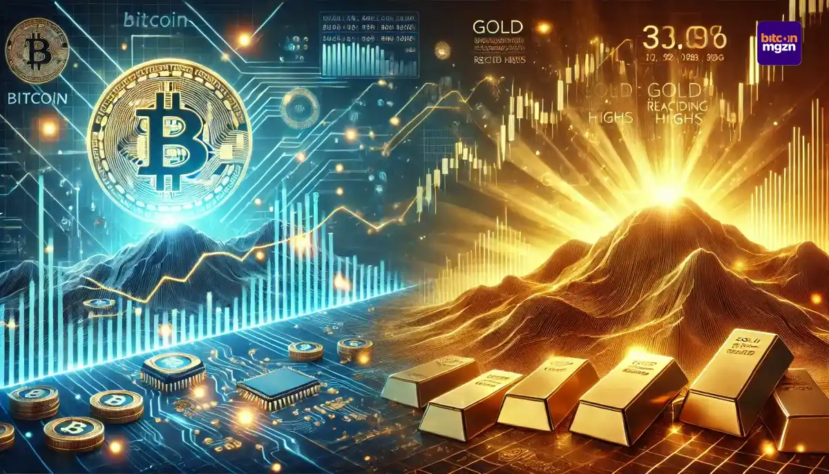 Bitcoin consolideert terwijl goud stijgt, afgebeeld met digitale circuits en een gouden berg die financiële trends symboliseert.