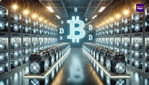 Een geavanceerde Bitcoin-miningfaciliteit met rijen krachtige mining rigs,