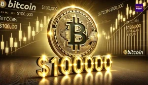 Bitcoin's prijs op $100,000, met een gouden Bitcoin-logo en financiële grafieken op de achtergrond.