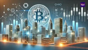 Futuristische stad met netwerken en financiële grafieken, symbool voor Ohio's Bitcoin reserve en technologische vooruitgang.