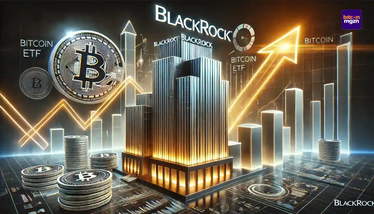 Stylized gebouw van BlackRock met stijgende grafieken die de groei van de Bitcoin ETF en marktdynamiek tonen.