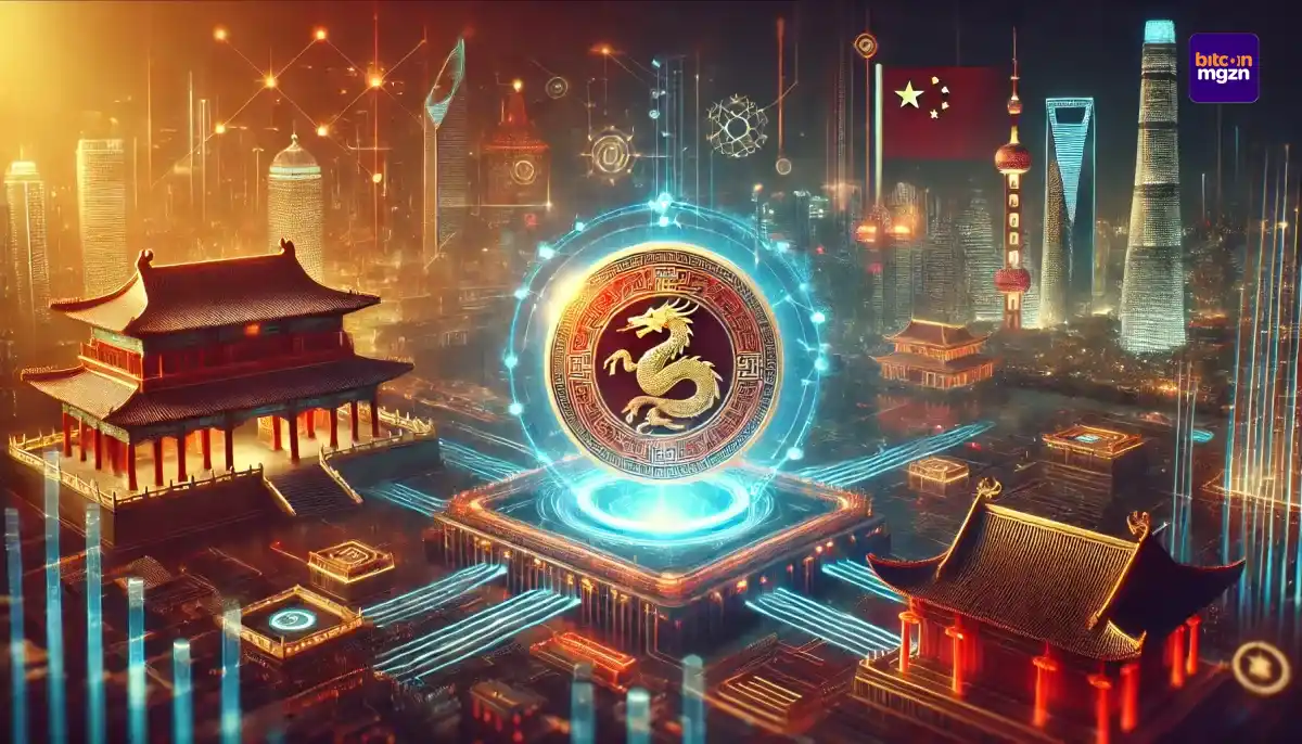 Digitale yuan met Chinese motieven, omgeven door blockchain-netwerken en futuristische elementen die China's innovatie tonen.